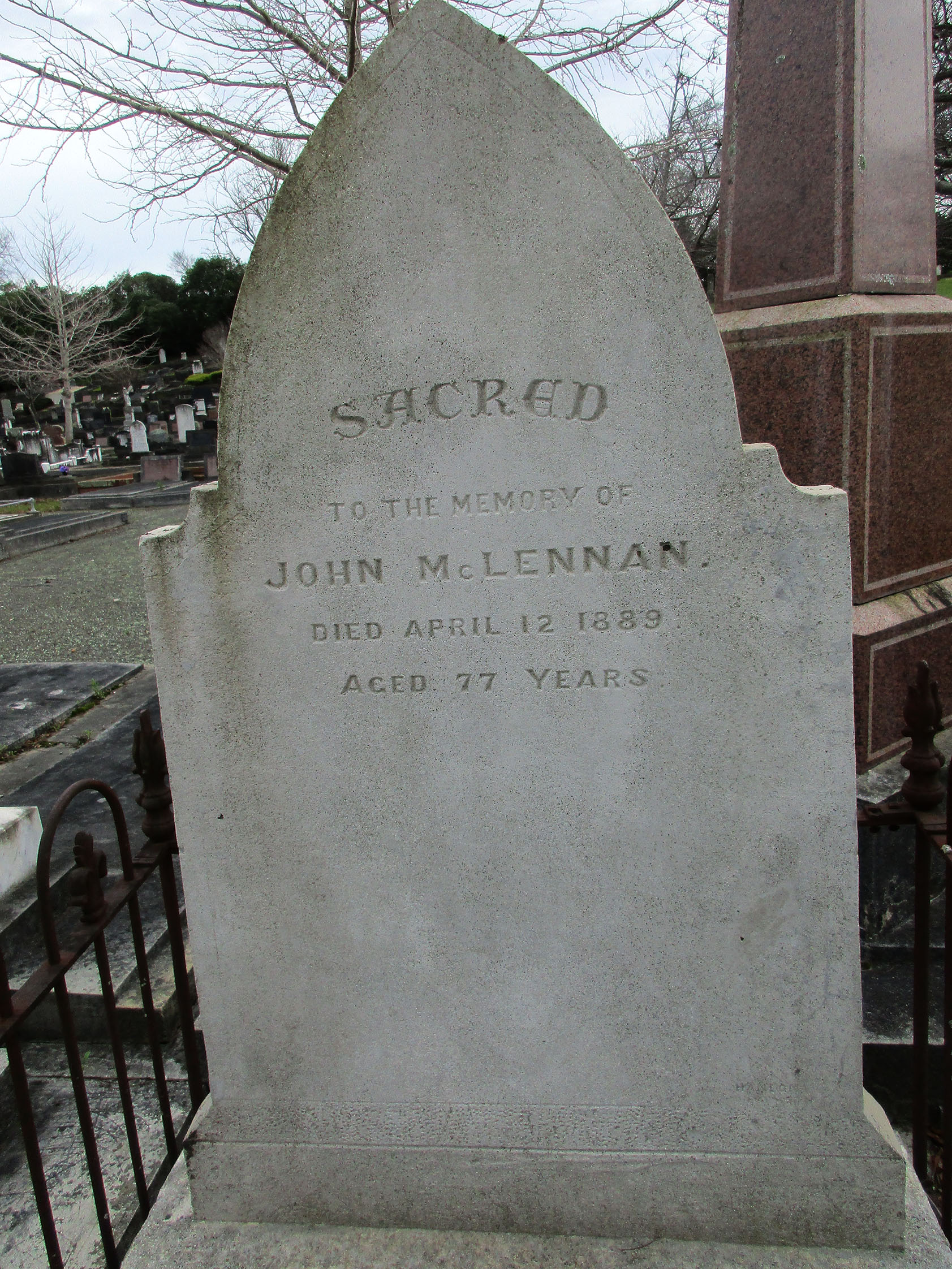 Photo of headstones/John McLennan d1889 hdstn Terr End cem PalmstnNth